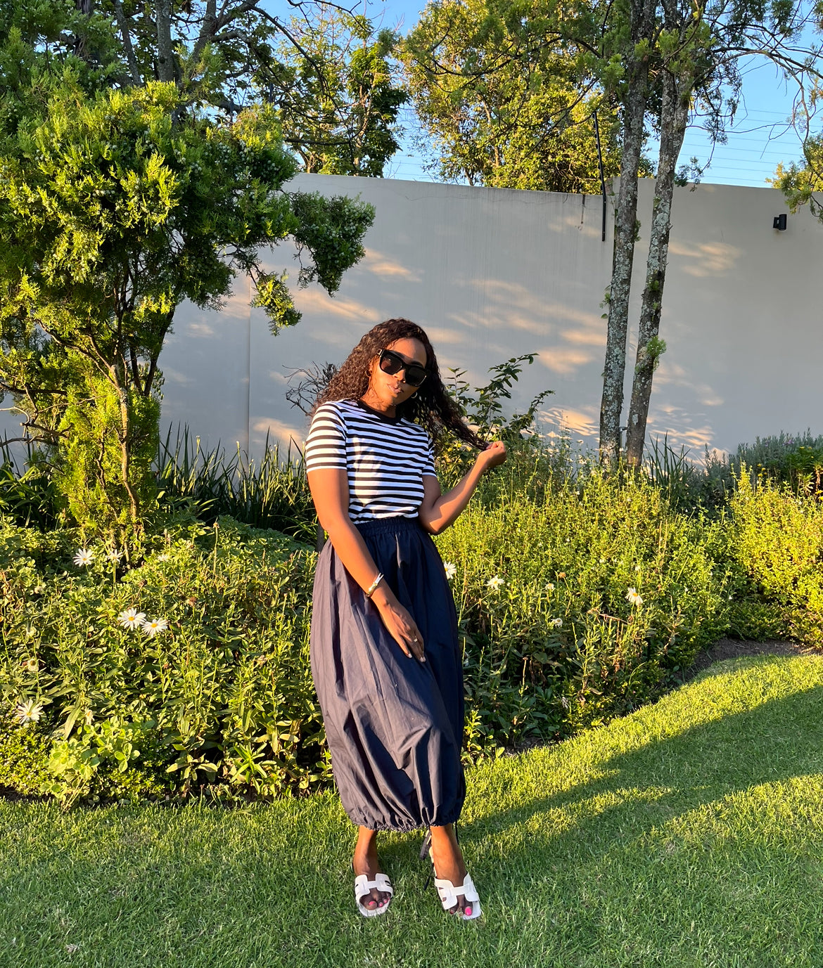 Navy bubble skirt with strings.