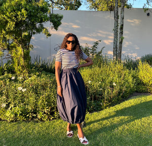 Navy bubble skirt with strings.